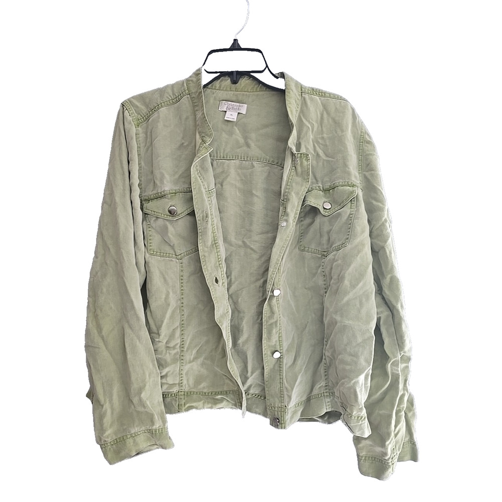 Christopher & Banks Green Pockets Long Sleeve Trucker Jacket Womans Size XL